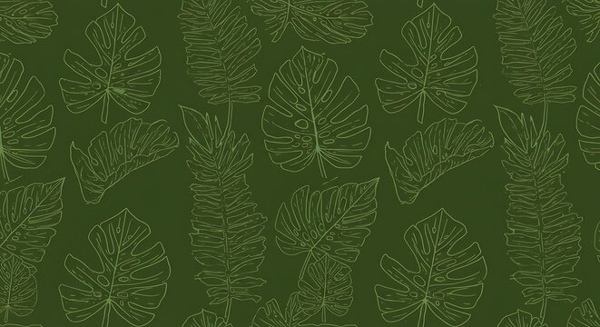 Seamless botanical pattern featuring elegant tropical leaves on a rich green background, creating a serene and captivating Image_fx (13).jpg for diverse design projects.