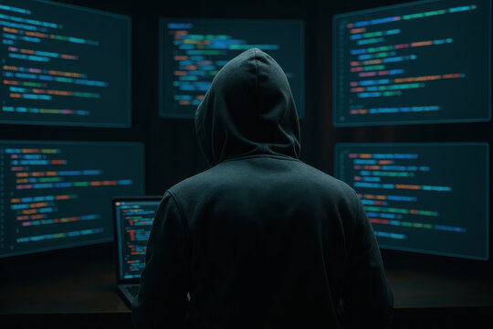 Hacker in dark hoodie working on multiple computer screens with colorful code displayed creating mysterious and intense atmosphere of cyber hack and digital security breach