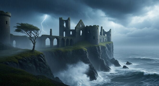 Ruined Castle on a Stormy Coast: An ancient, ruined castle stands defiantly on a dramatic cliff edge, battered by the wild sea and illuminated by flashes of lightning under a tempestuous sky.