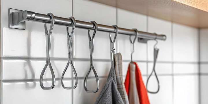 A kitchen towel rack with hooks holding towels against a tiled wall. The rack is metallic and mounted on a wooden shelf. The background is a white tiled wall with a grid pattern. 