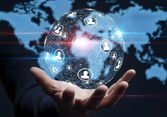 A hand gently cradles a glowing globe representing global interconnectedness, showcasing a network of digital human profiles.