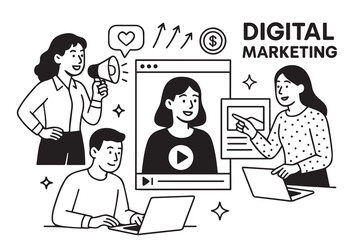 A clean vector design depicting the concept of digital marketing, entirely in black and white, bordered with solid black outlines, showcasing modern online promotion and branding ideas.