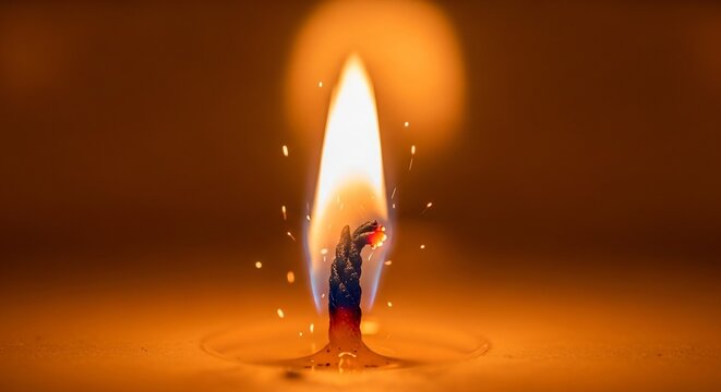 A solitary candle flame dances with gentle sparks, casting a warm, inviting glow in the soft darkness, creating an atmosphere of reflection and peace.