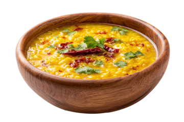 Daal tarka  in a wooden bowl, Indian traditional food, isolated on white background