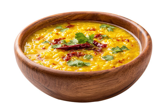 Daal tarka  in a wooden bowl, Indian traditional food, isolated on white background