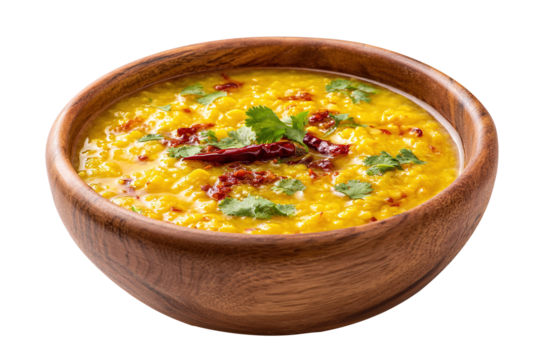 Daal tarka  in a wooden bowl, Indian traditional food, isolated on white background