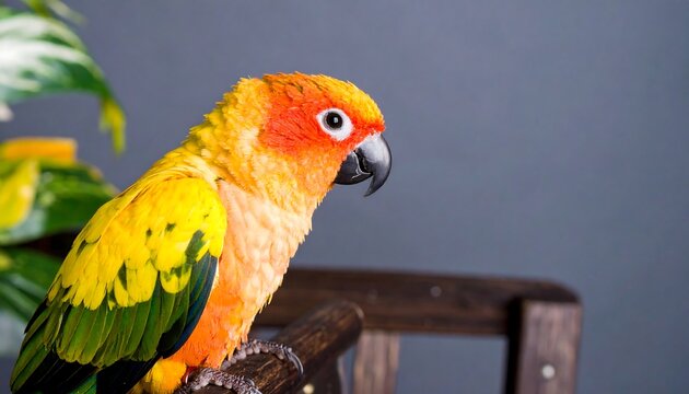A sun conure parrot perched on a wooden perch, slightly wet feathers, against a grey background