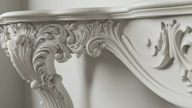Ornate carved molding architectural detail with floral leaf pattern on white surface and elaborate abstract sculpture