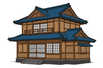 A detailed vector illustration of a traditional Japanese house, outlined in bold black, showcasing wooden frames, sliding doors, and a classic tiled roof design.