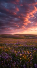 Fototapeta premium Cinematic aerial shot of a peaceful countryside field at sunset, soft pink sky, gentle wind moving through the grass, dreamy golden hour lighting, ultra realistic, calming atmosphere, nature aesthetic