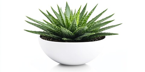 A potted plant with sharp, green leaves in a white bowl against a plain white background. The plant is well-lit, highlighting its texture and vibrant color.