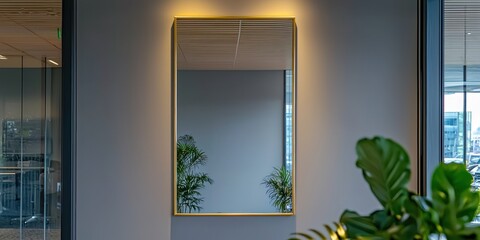 A modern office interior with a rectangular mirror on the wall, reflecting a plant and part of the room. The mirror is framed with a gold border, and the wall is painted in a neutral gray tone. 