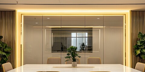 Fototapeta premium A modern conference room with glass walls, illuminated by warm lighting. A long white table with chairs is positioned in the foreground, surrounded by green plants. 