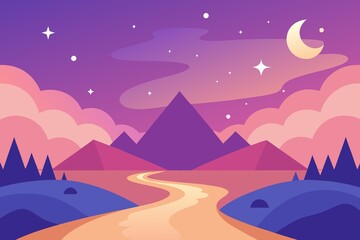 Obraz premium Dreamy Landscape with Mountains Moon Stars and Winding Path in Pastel Colors