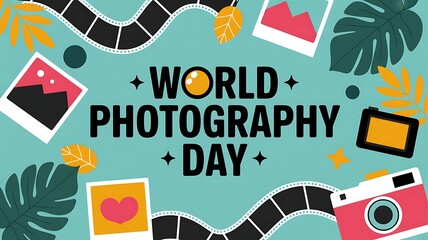 Vibrant turquoise banner with tropical leaves, camera icons, and bold text for world photography day celebration