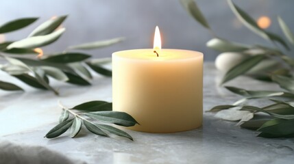 A single lit candle on light marble surface surrounded by green leaves and white eggs,
