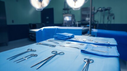 Naklejka premium Sterile Surgical Instruments Prepared on Table in Operating Room Setting