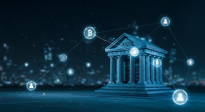 Modern banking building networked digital finance and investment concept