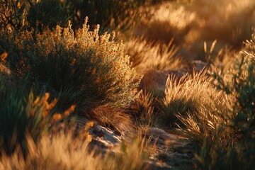 Golden light bathes a sun-drenched desert path, with yellow wildflowers and grasses