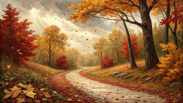 Fall foliage scenic road autumn forest landscape painting nature scene trees leaves path way background - Powered by Adobe