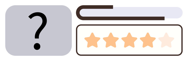 Question mark icon alongside five-star rating scale with one star unfilled represents customer feedback. Ideal for customer experience, quality assessment, rating, decision-making, product review