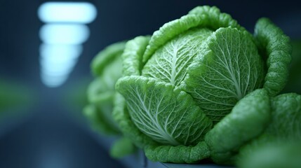 Fototapeta premium Macro view of a fresh green cabbage with detailed leafy texture and subtle blurred background lights