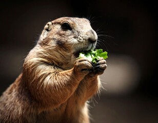 Close-up of prairie dog eating greens against dark background