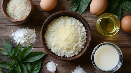 Creamy Risotto Ingredients on Rustic Wooden Table