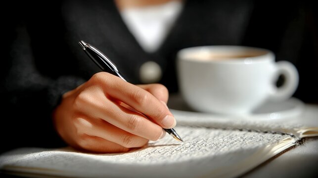 Hand writing in notebook with pen coffee cup in background soft focus person