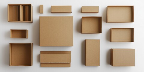 Various cardboard boxes of different sizes and shapes arranged on a plain white surface. The boxes are neatly organized, showcasing a variety of dimensions and orientations.