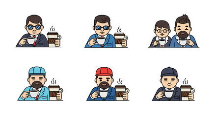 A unique collection of coffee drinking mascots. Modern minimalist style with sharp lines, a vibrant CMYK palette, and a playful aesthetic