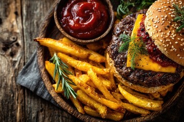 Juicy cheeseburger, fries, and ketchup on rustic wood