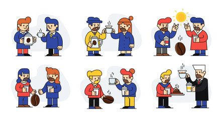 A unique collection of coffee drinking mascots. Modern minimalist style with sharp lines, a vibrant CMYK palette, and a playful aesthetic (3)