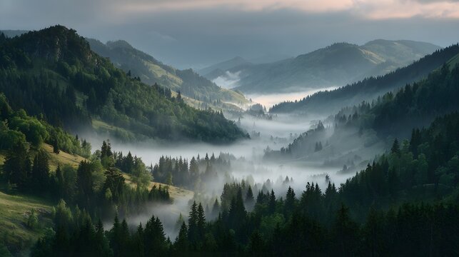 Gentle mist moving through valley between forested hills at dawn 