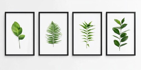 Four framed botanical prints on a white wall, each featuring a different leafy plant. The frames are black, and the prints are simple and clean, emphasizing natural greenery.