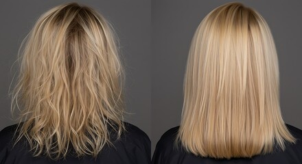 Hair transformation before and after blonde styling for repair and beauty