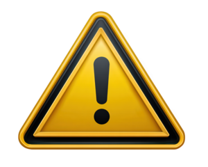 Yellow warning triangle with bold black exclamation mark, glossy 3D style, isolated on transparent background, symbolizing caution, alert, or hazard in safety signage