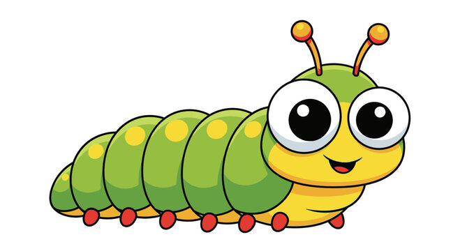 A cute green and yellow cartoon caterpillar with large, friendly eyes and a happy smile, isolated on a white background.