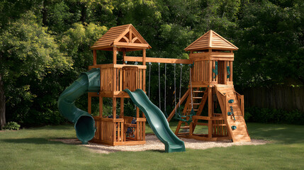 Outdoor wooden playset featuring towers, a slide, and swings, set against a lush green backdrop, perfect for childhood adventures and backyard fun.