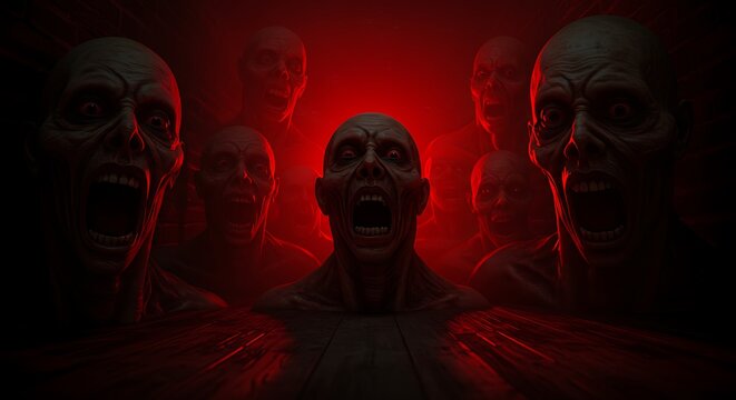 Terrifying horde of screaming figures illuminated in dramatic red light