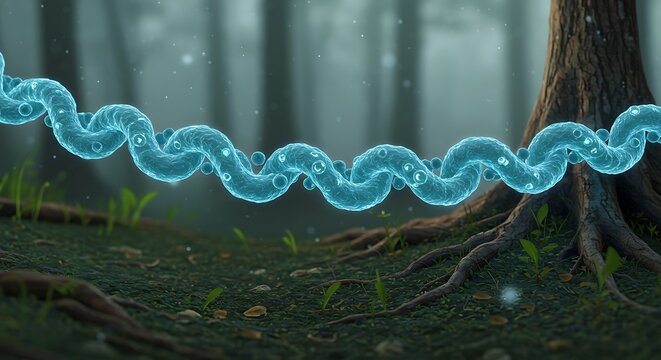 Abstract blue spiral molecule structure in natural forest environment
