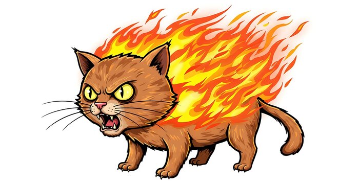 Cartoon cat engulfed in fire illustration angry feline burning dangerously