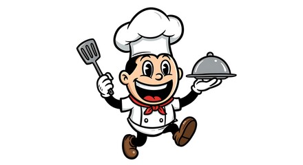 Cartoon chef character illustration holding spatula and serving tray