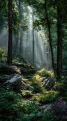 Obraz premium Sunlight streams through misty forest