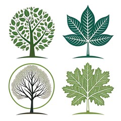 Four stylized trees and a large leaf illustration set