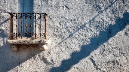 Ornate balcony on a textured whitewashed wall, cast shadow
