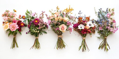 Obraz premium Five bouquets of flowers arranged in a row against a white background. The bouquets feature a variety of flowers in shades of pink, purple, yellow, and white, tied with twine. 