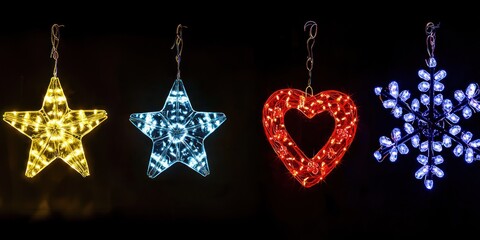 Four illuminated holiday decorations hanging against a dark background: a star, a snowflake, a heart, and another star. The lights are bright and colorful, creating a festive atmosphere.