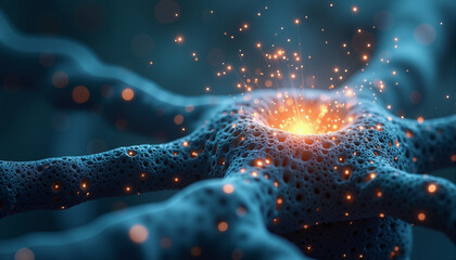 s a close up of a neuron with a bright orange light emanating from it