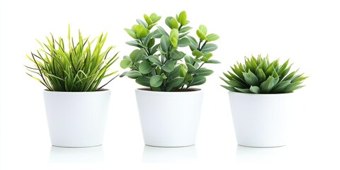Obraz premium Three potted plants with green leaves arranged in a row against a white background. The plants are in simple white pots, and the scene is well-lit with soft, even lighting.